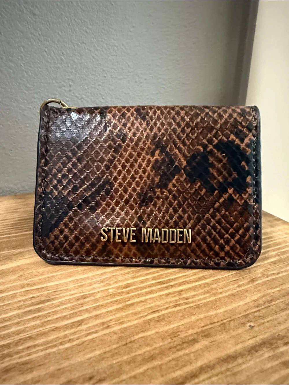 Steve Madden Brown Snake-Print Card Holder with Gold Keychain